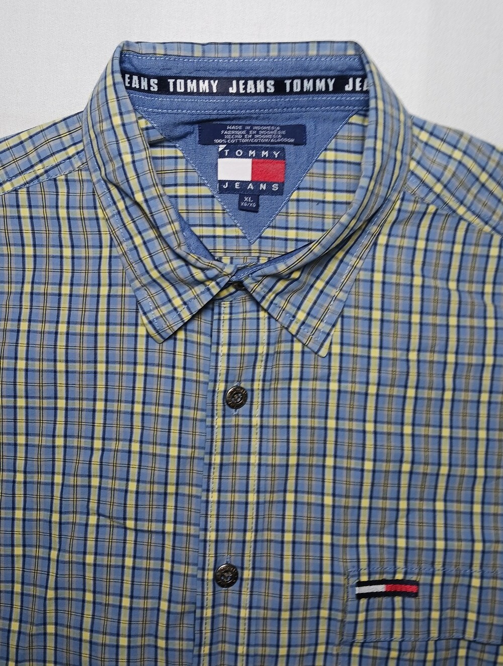 Vintage 2001 Tommy Jeans Mens Button Up Long Sleeve Shirt XL Blue Yellow Plaid